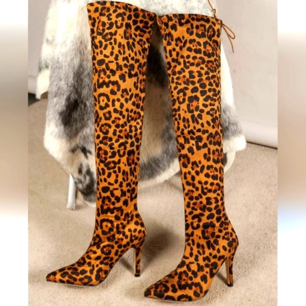 LEOPARD PRINT THIGH HIGH PULL ON BOOTS Sz. 37 EU / 6.5 or 7 US‎